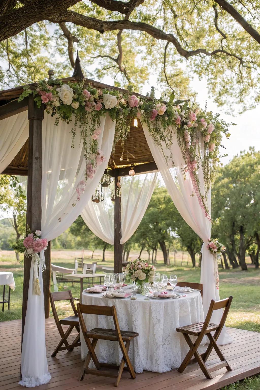 A luxurious picnic setup under an elegant canopy.