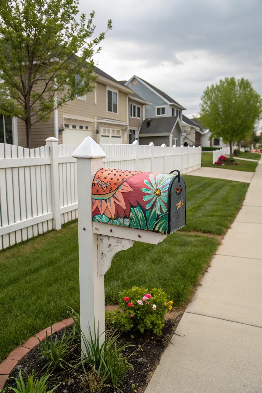 A painted art post turns your mailbox into a vibrant statement piece.