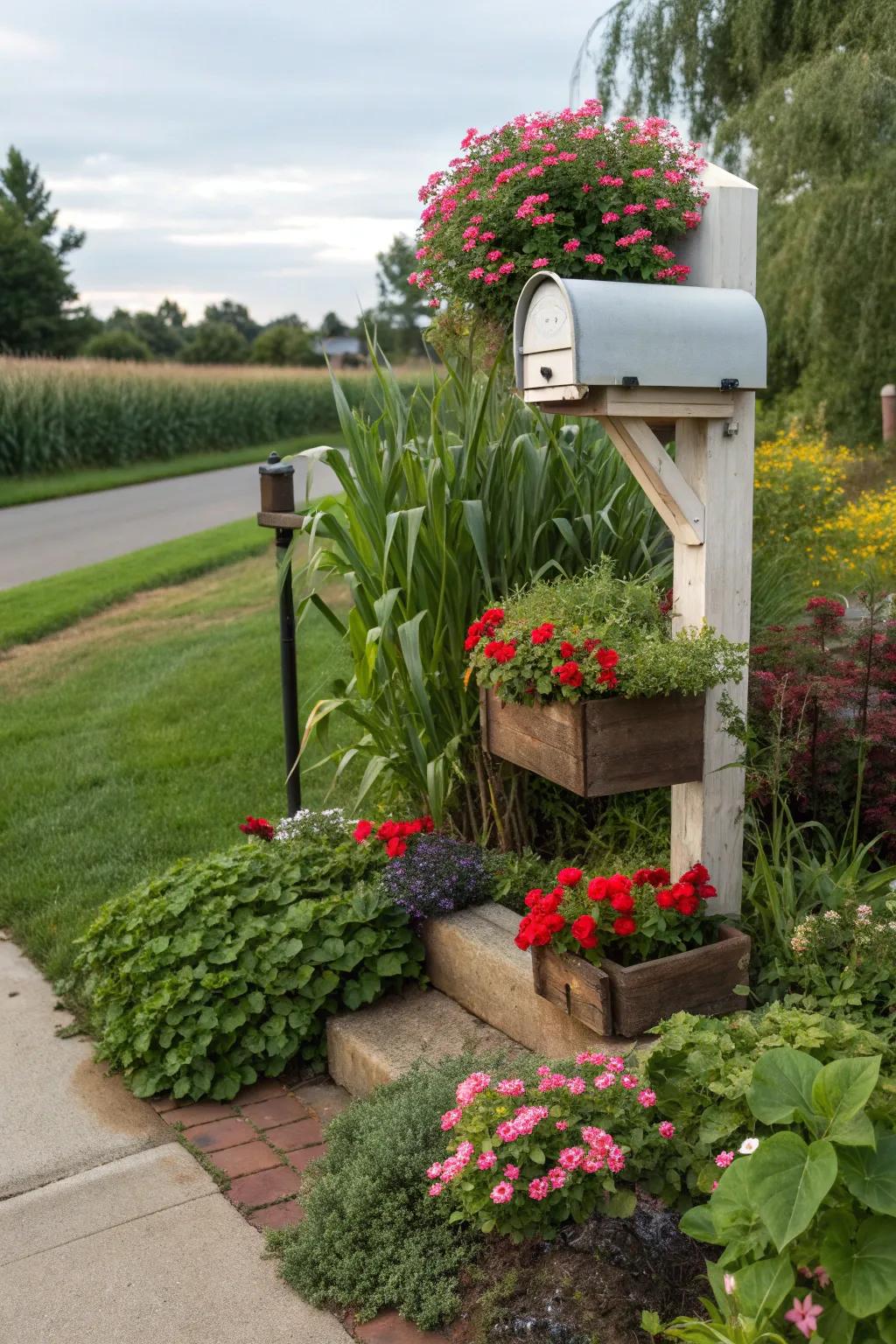 Tiered planting adds depth and visual interest to your mailbox area.