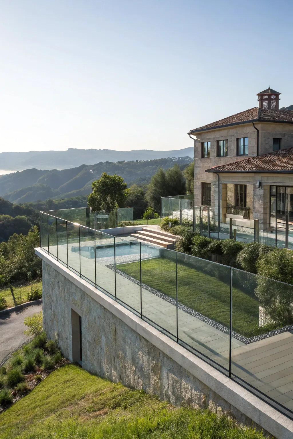 Experience unobstructed elegance with a modern glass fence for your mansion.