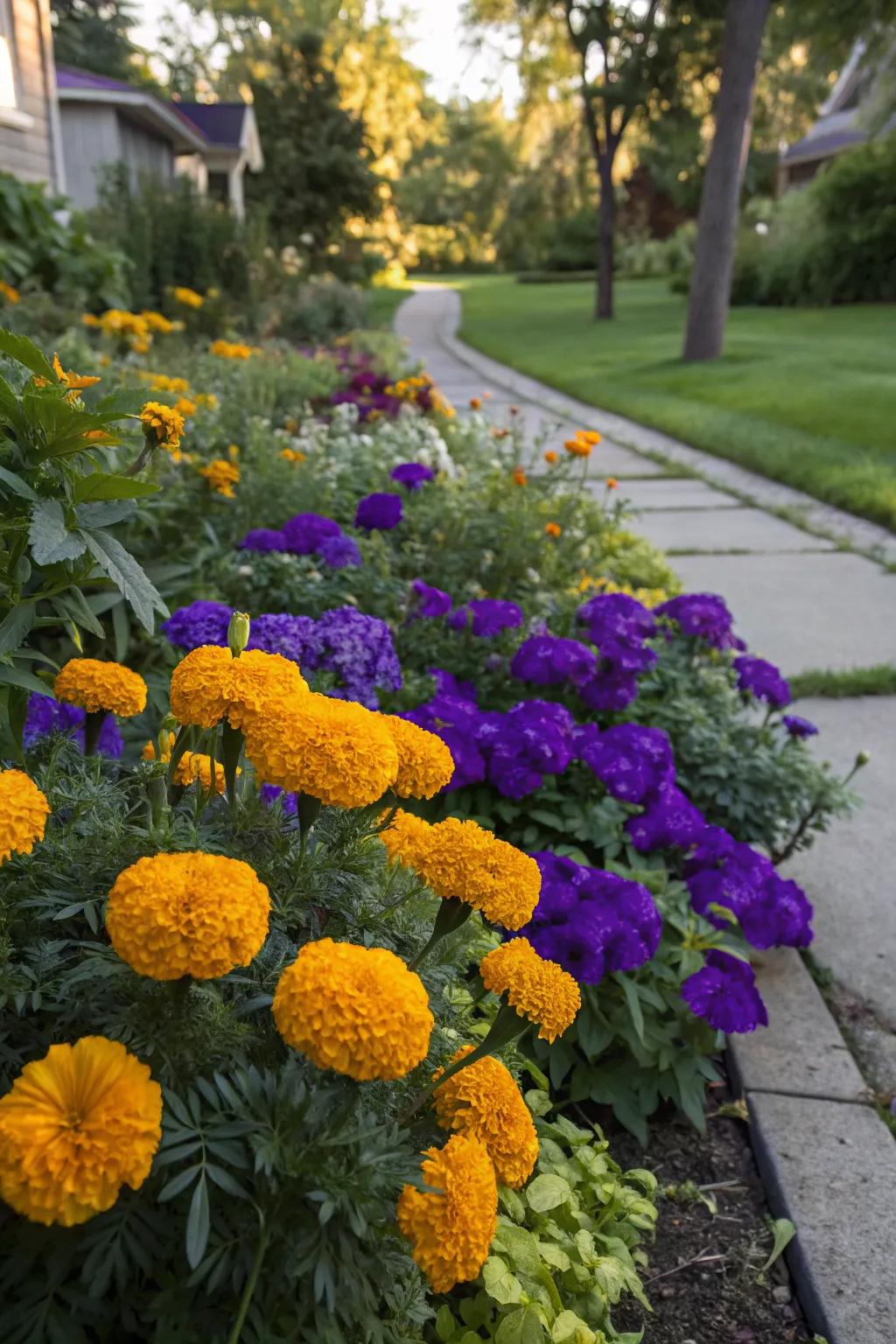 Bold color contrast with marigolds and deep purple blooms.