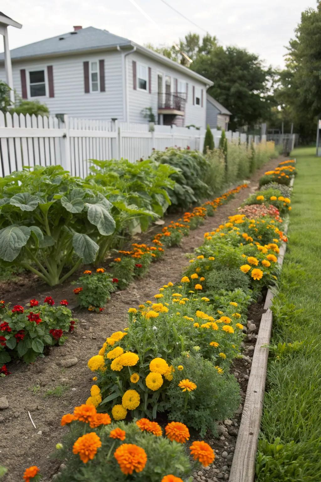 Marigolds edging a vegetable garden, adding beauty and pest control.