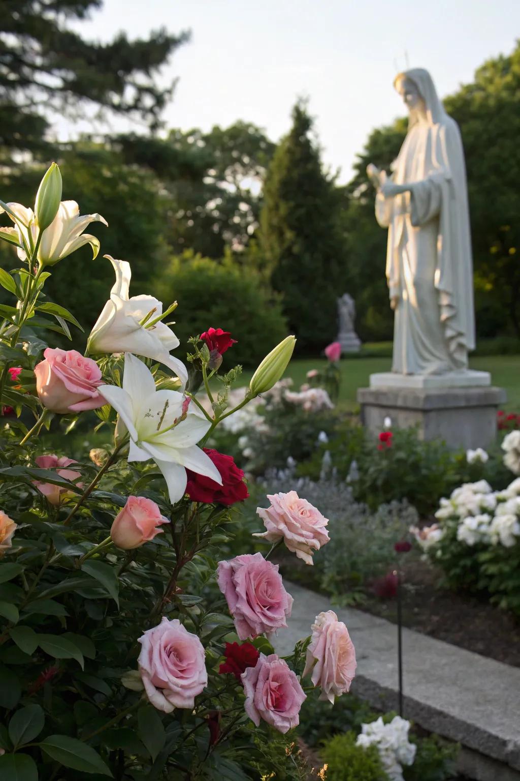 Symbolic flowers like roses and lilies enhance a Mary garden's significance.