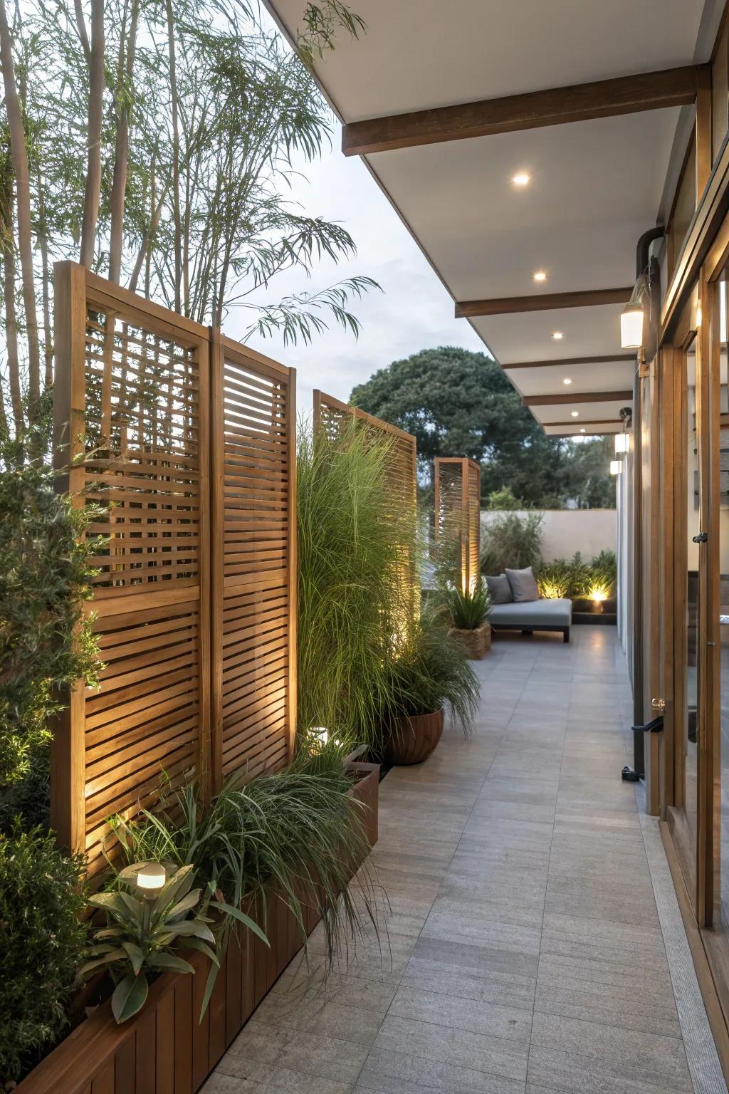 A secluded meditation patio with wooden screens.