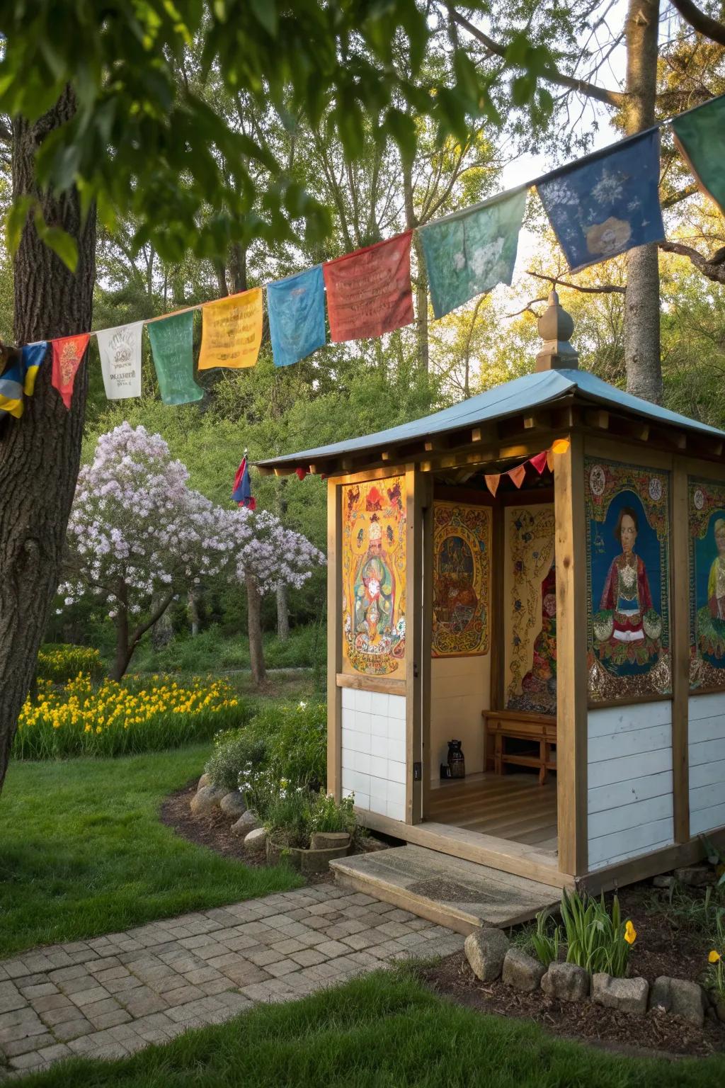 A personalized meditation shed adorned with unique art and prayer flags.