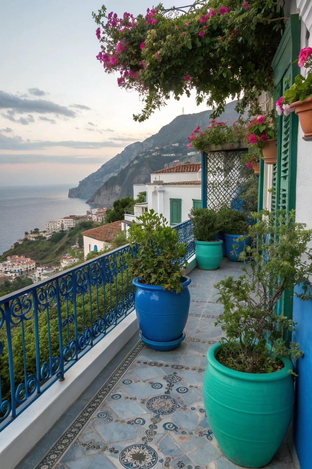 Vibrant blues and greens create a tranquil and refreshing Mediterranean atmosphere.