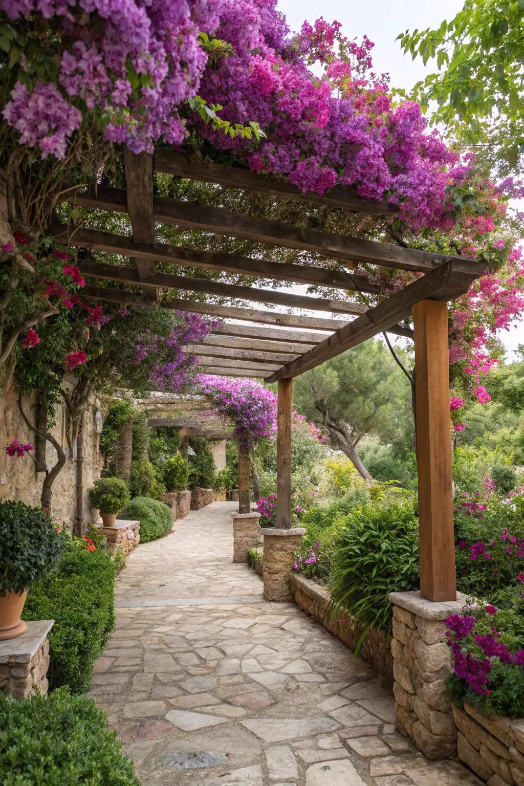 A pergola covered in bougainvillea offers shade and beauty.
