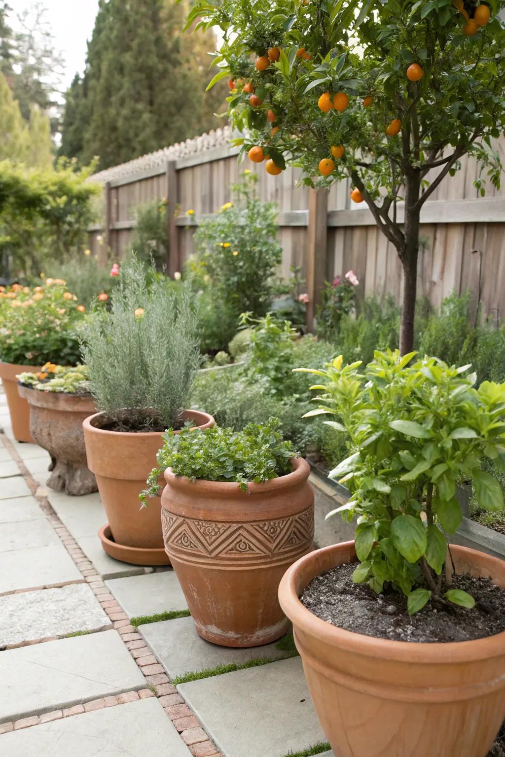 Terracotta pots add rustic charm and functionality.