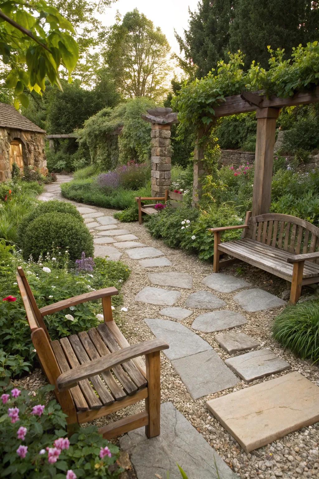Mixing materials adds texture and contrast to gardens.
