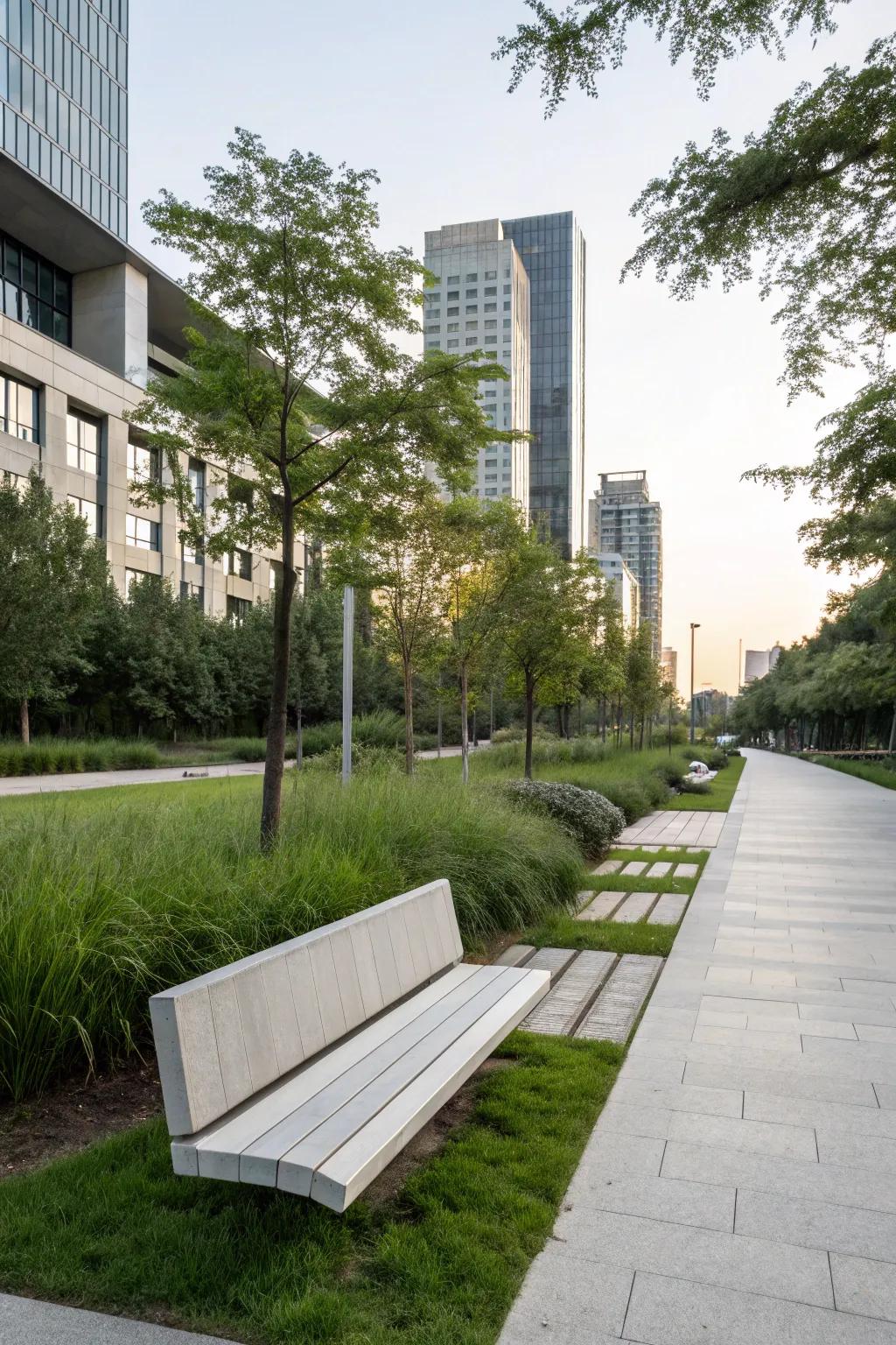 A sleek, modern bench design in an urban park.