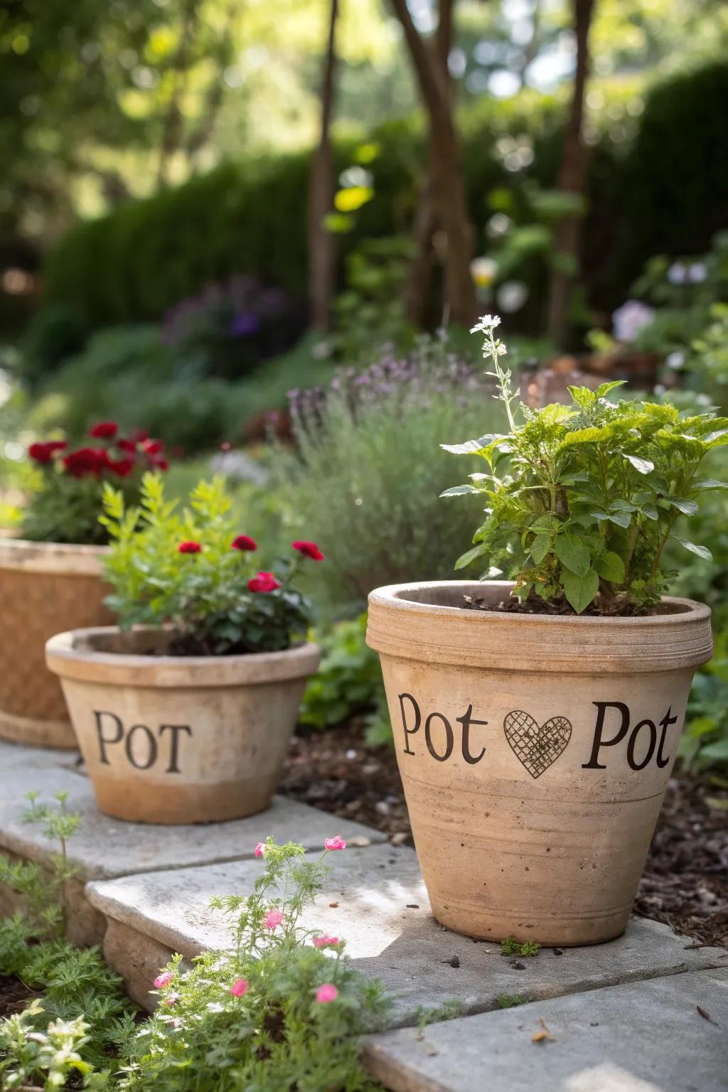 Personalized pots keep memories alive in a garden.