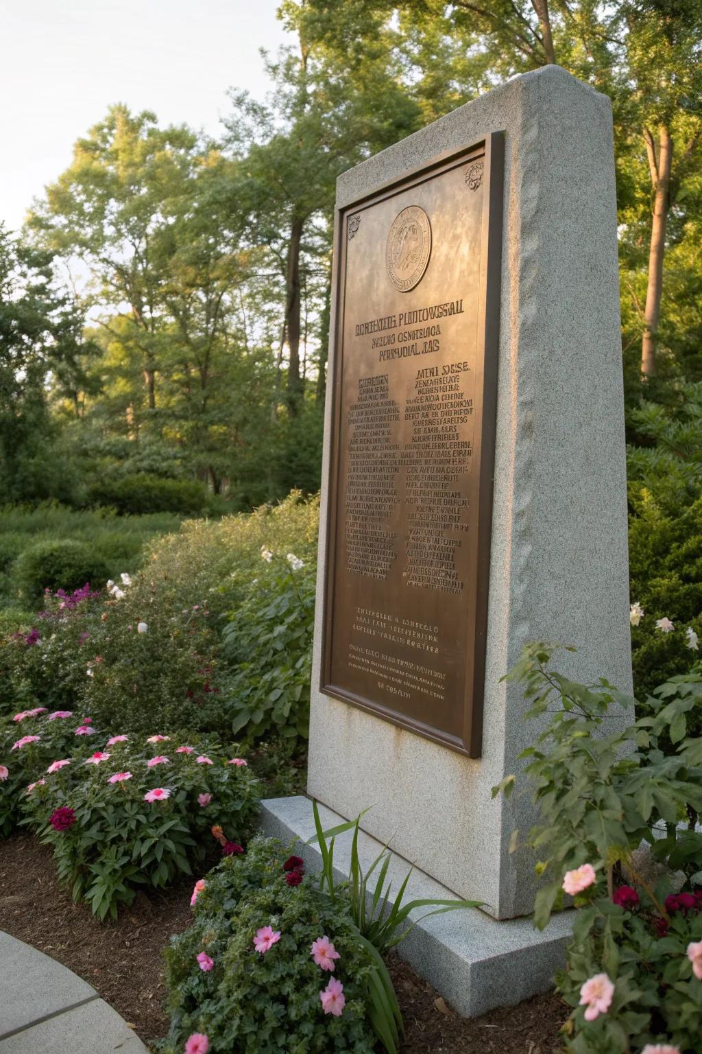 A dedicated plaque honors a loved one in the garden.