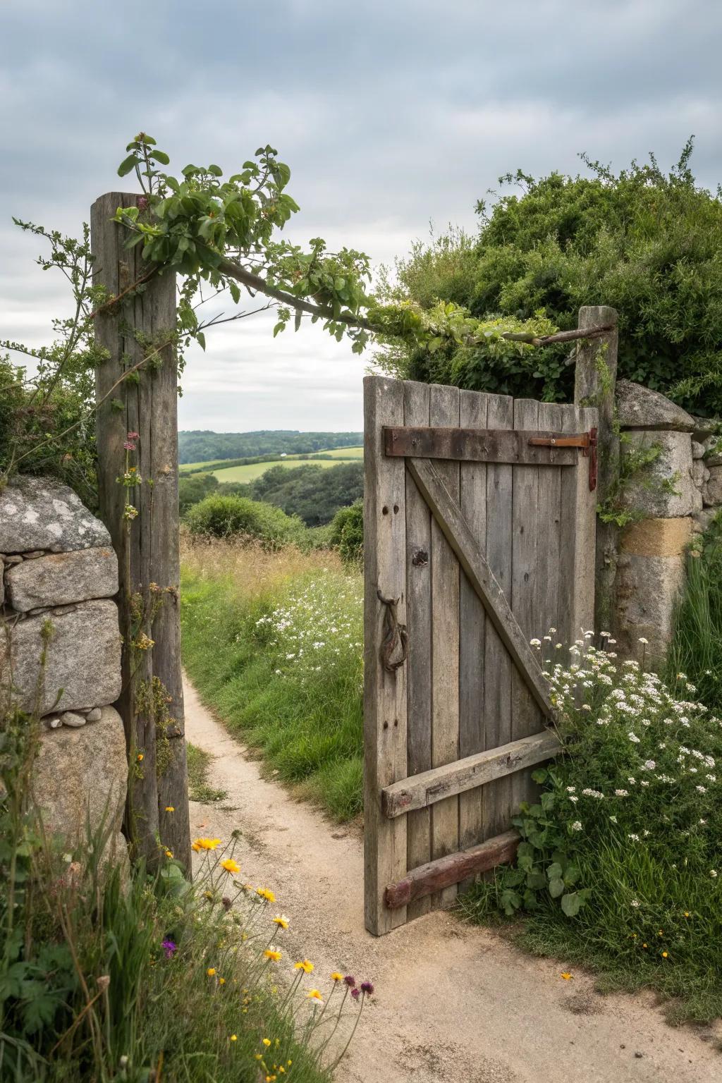 Weathered wood and metal hinges exude rustic charm.