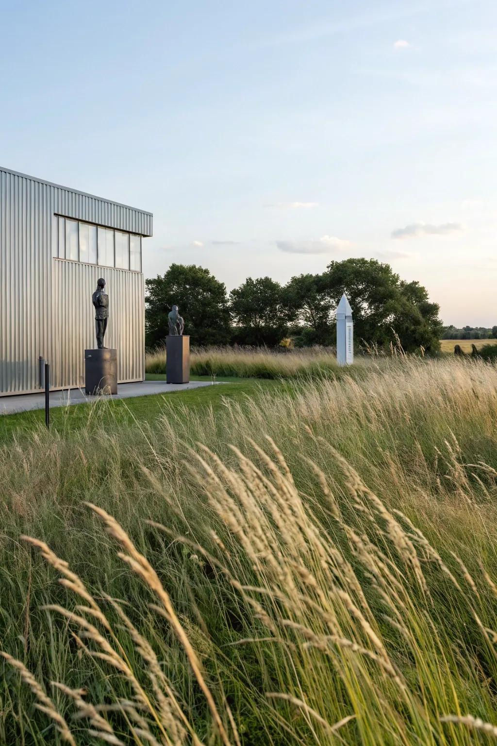 Minimalist landscaping with tall grasses around a metal building.