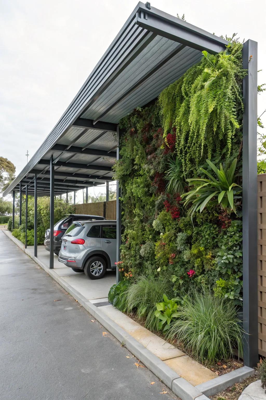 A lush vertical garden adds a touch of nature.