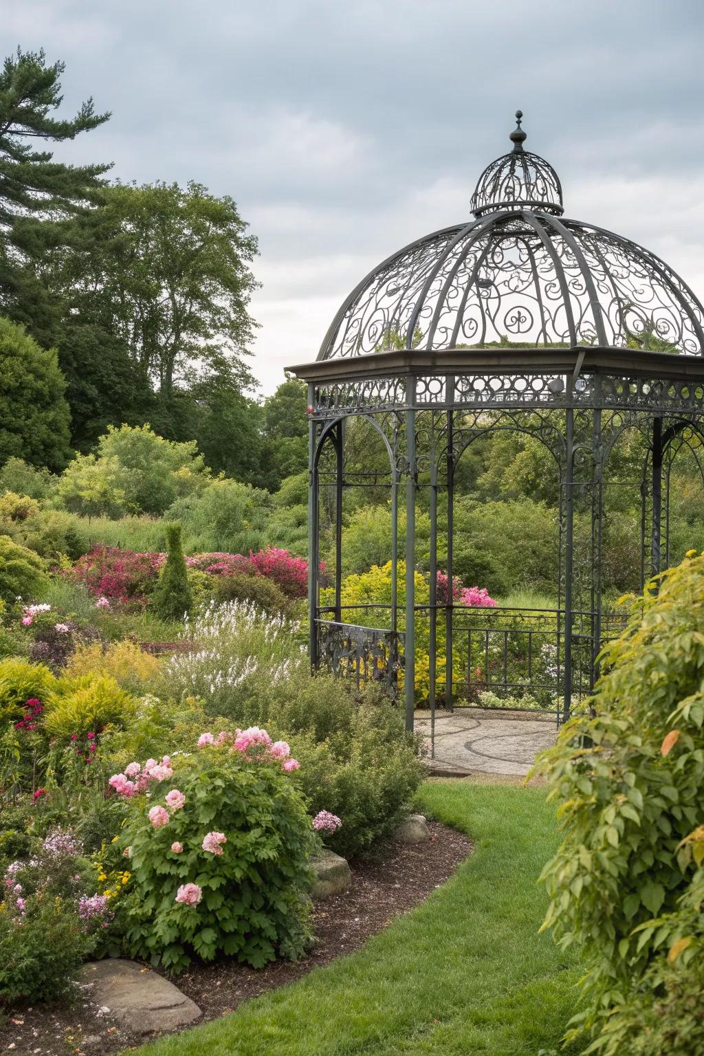 A garden-surrounded gazebo creates a natural escape.