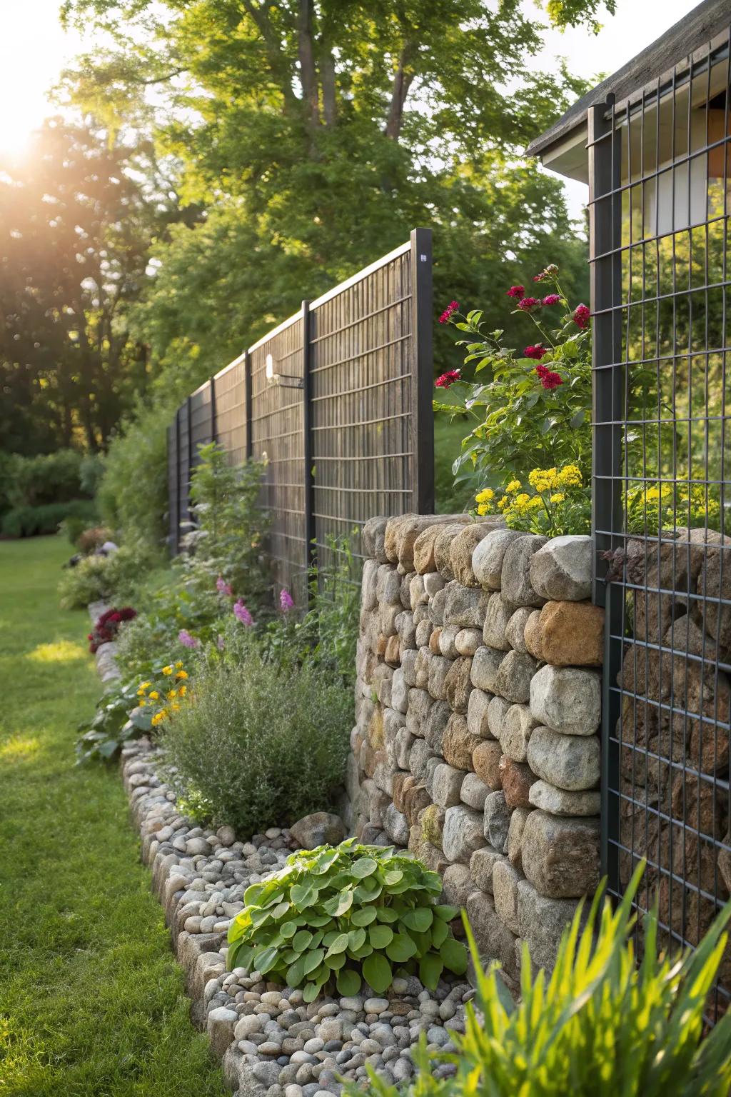 Gabion baskets adding natural texture to metal fencing.