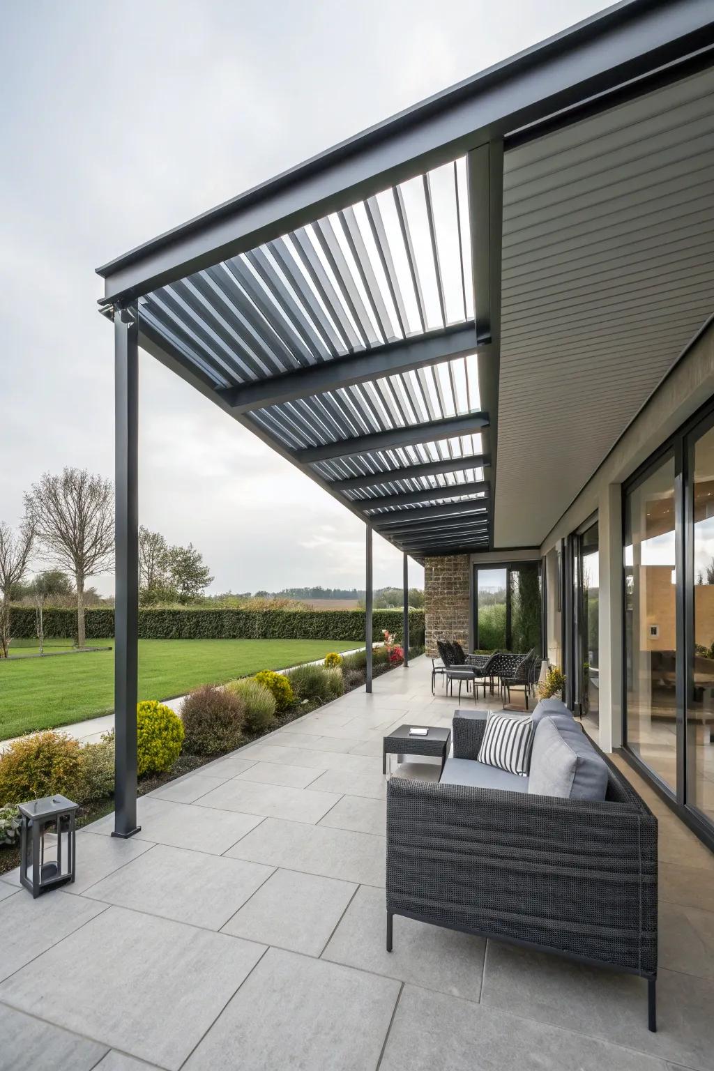 Sleek metal roofing panels offering style and protection for this modern patio.