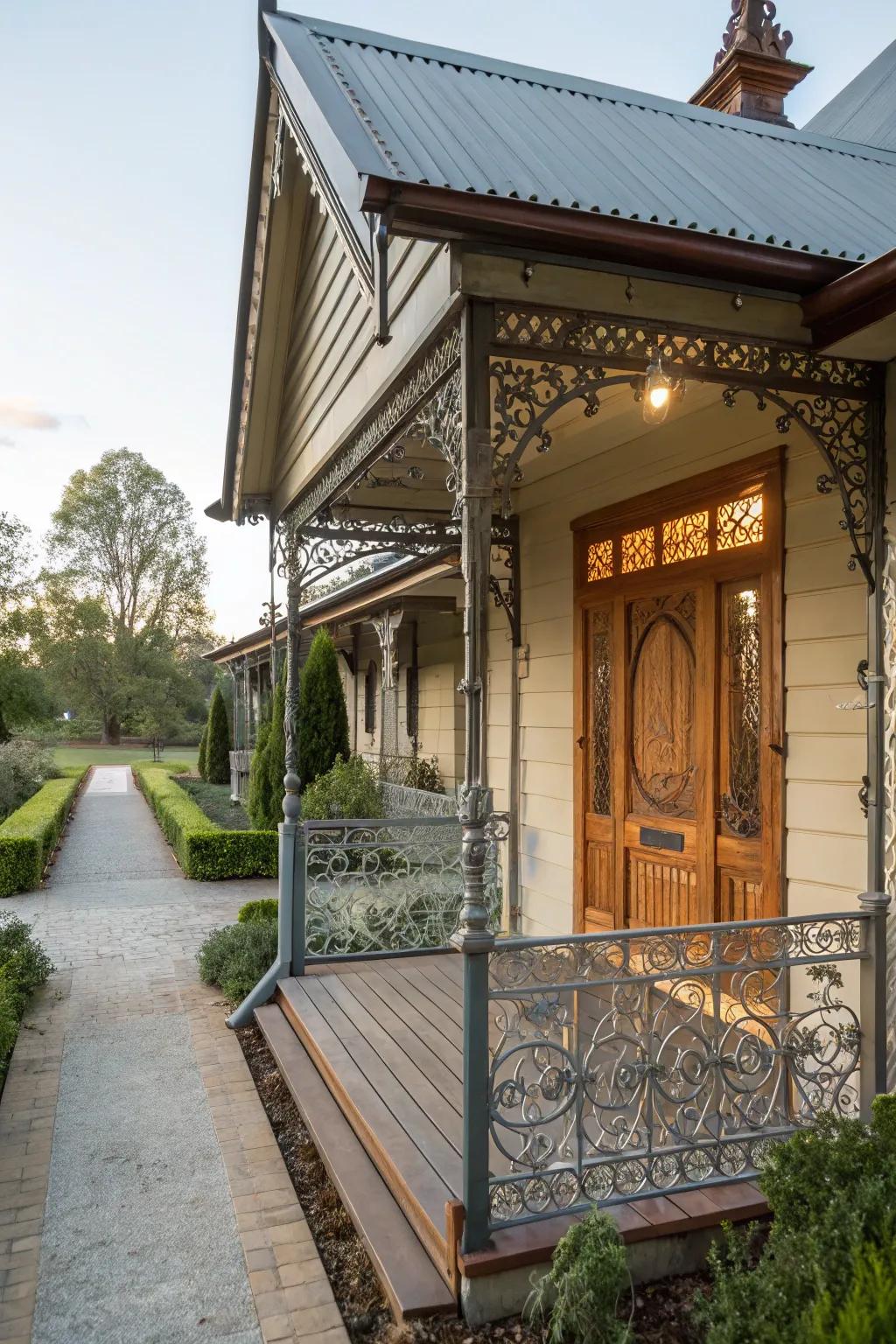 A gable roof metal porch for classic charm.
