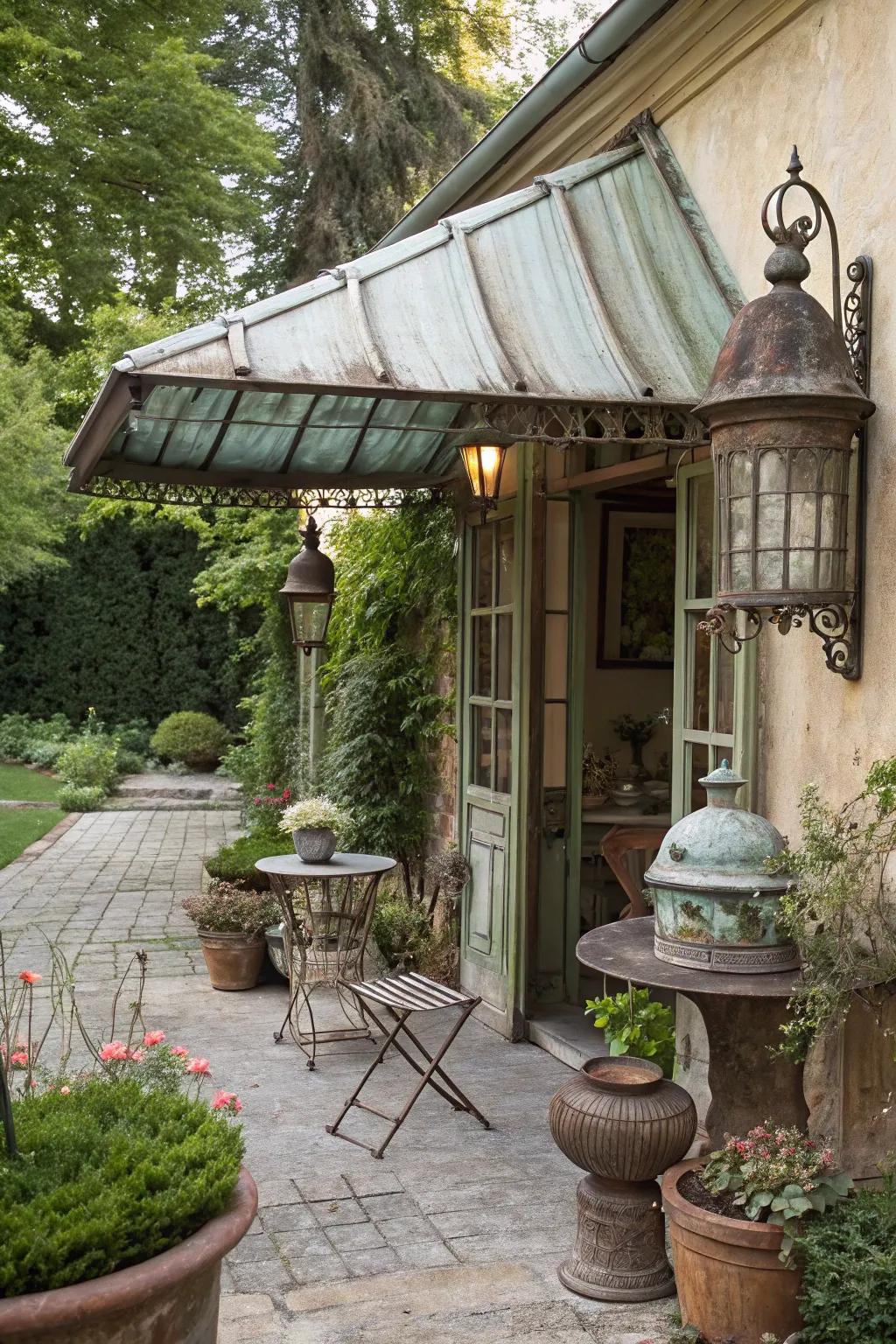 A patina-finished awning exudes vintage charm.