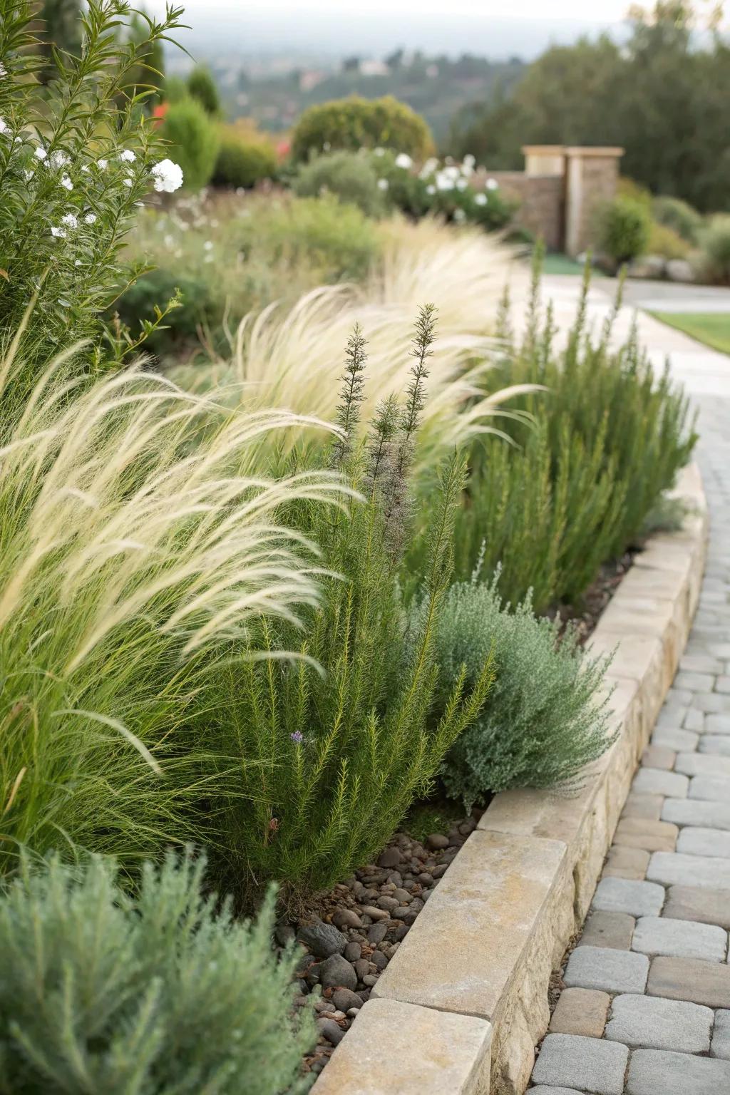 Rosemary pairs beautifully with Mexican feather grass for a fragrant garden.