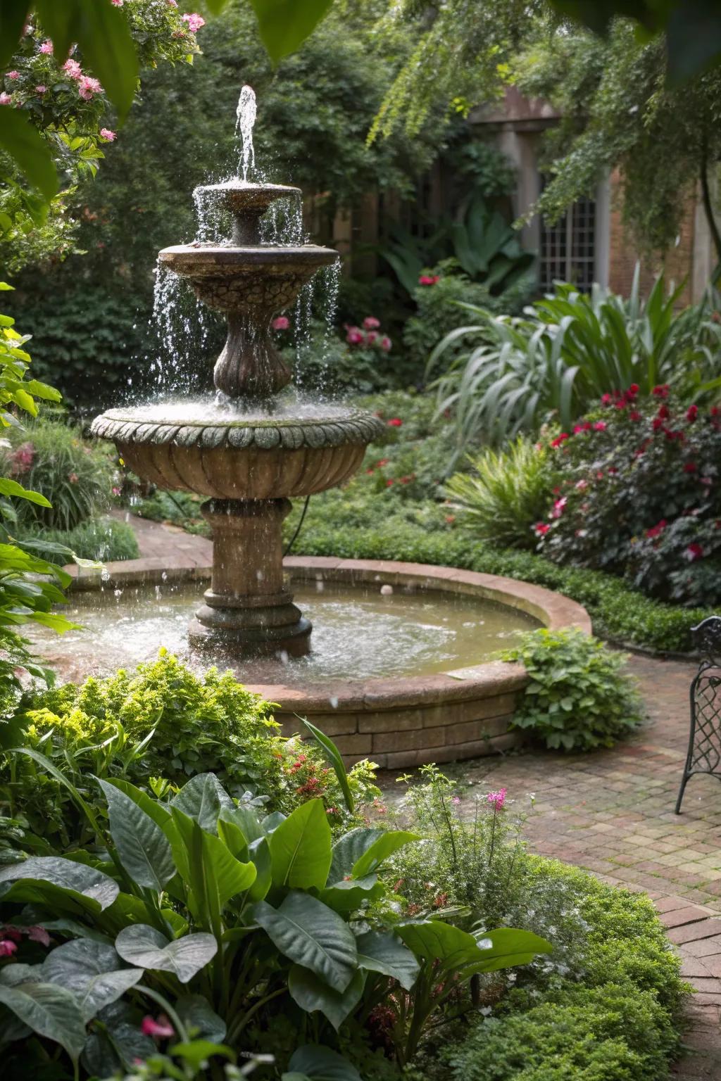 A serene garden fountain surrounded by lush greenery.