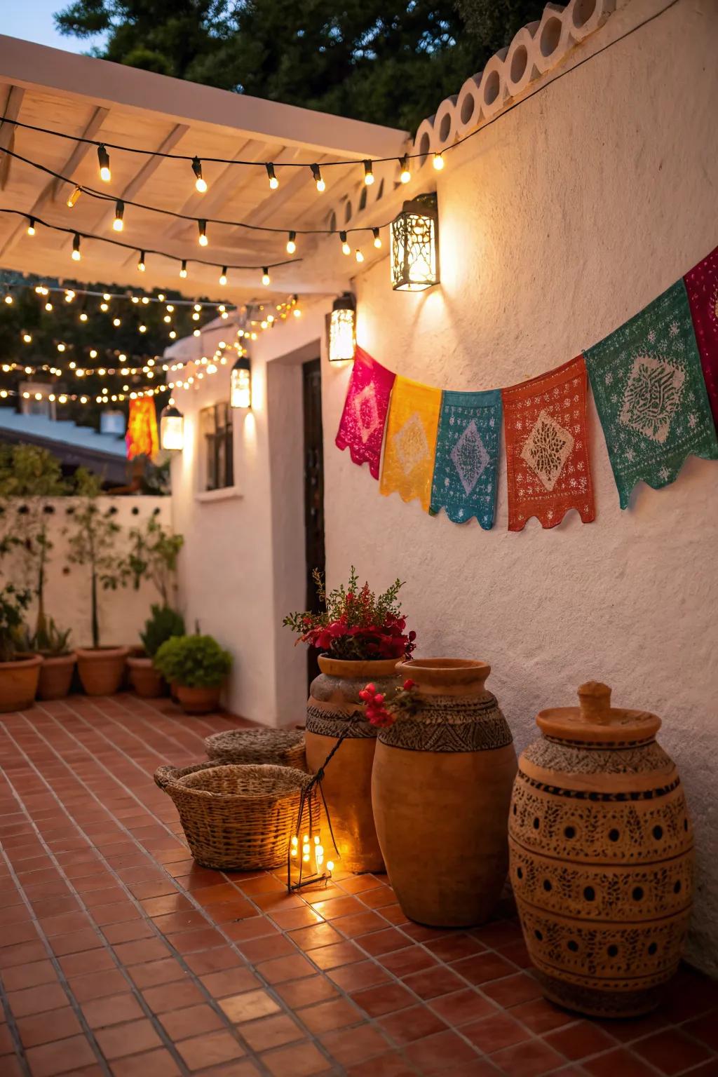 A Mexican patio illuminated by ambient string lights and lanterns.