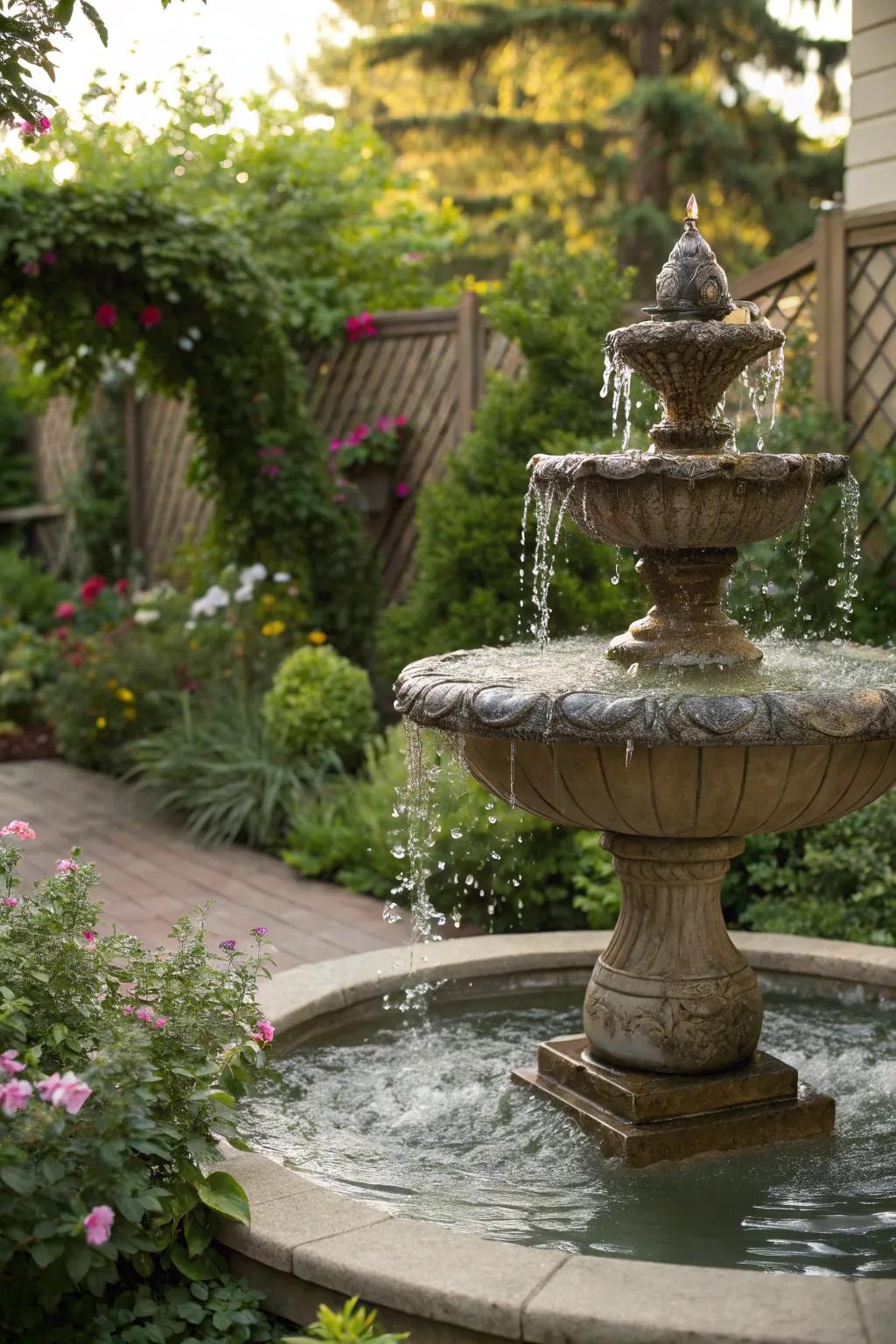 A fountain adds a calming and soothing presence to the garden.