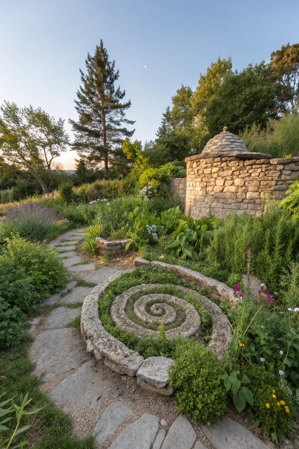 A spiral herb garden, cleverly designed to maximize space and beauty.