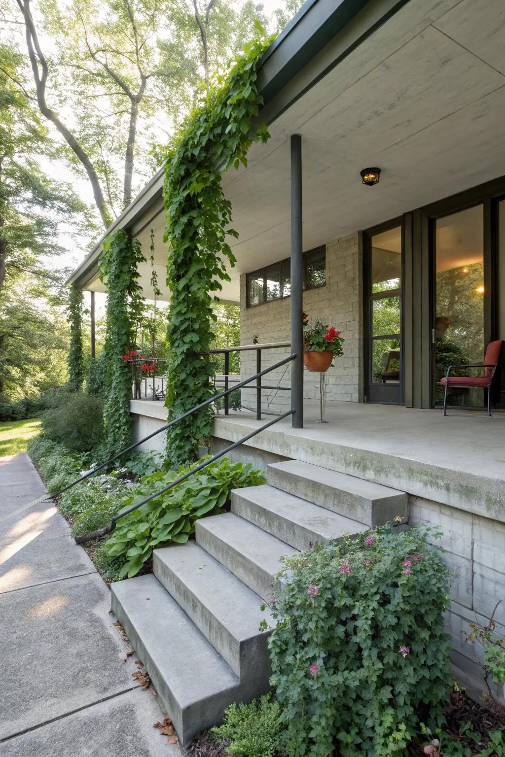 Concrete and natural plants offer a unique texture contrast.