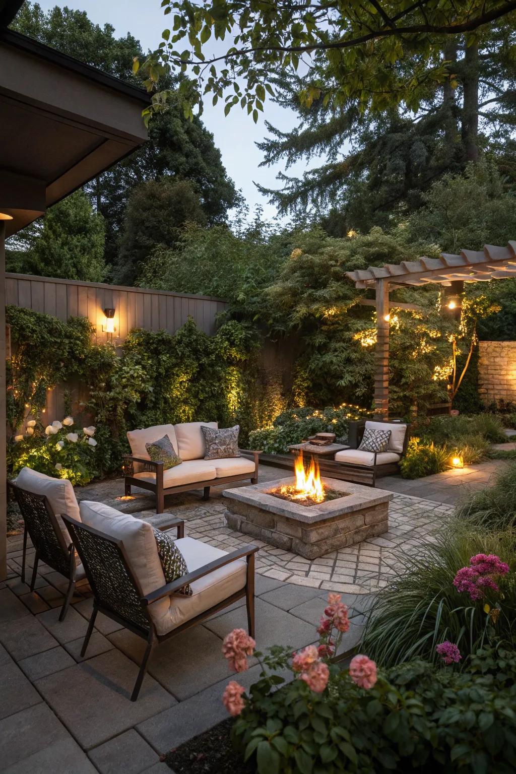 Functional spaces like patios and fire pits enhance social gatherings.