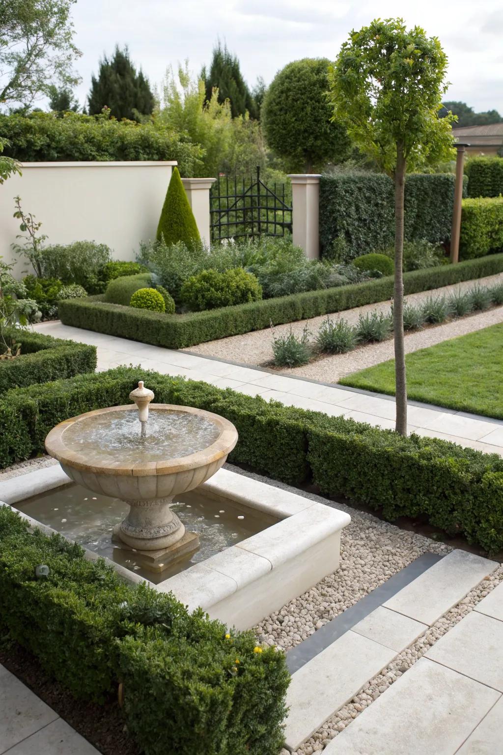 A modern water feature adds a touch of tranquility to the garden.