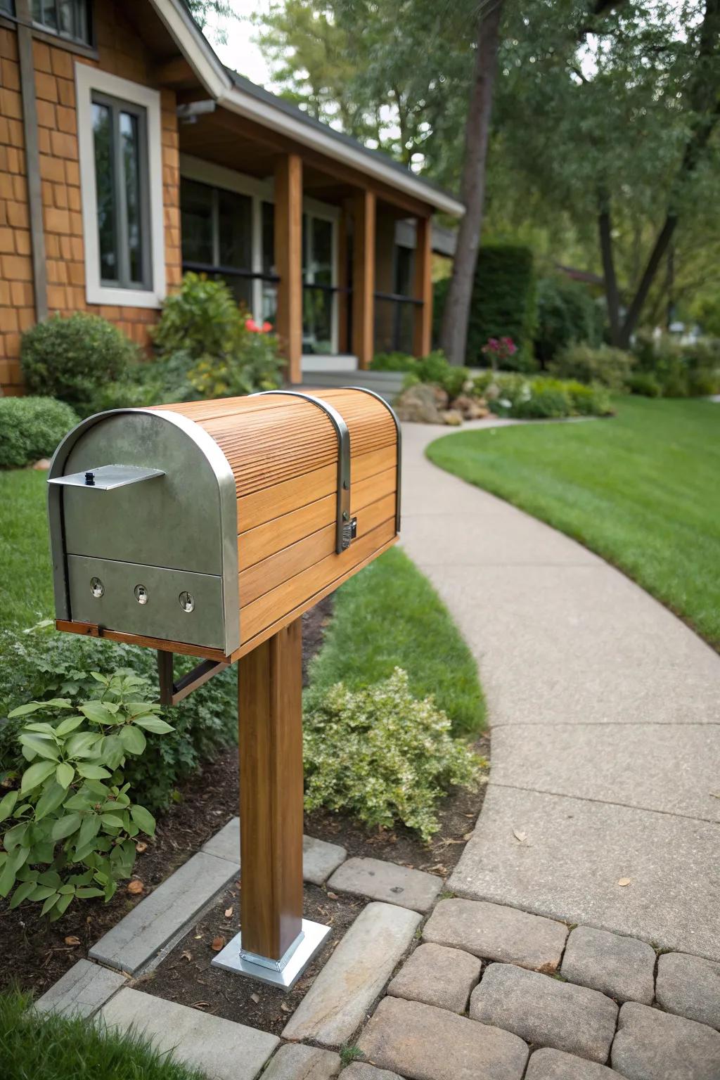 A striking mailbox design featuring contrasting materials.