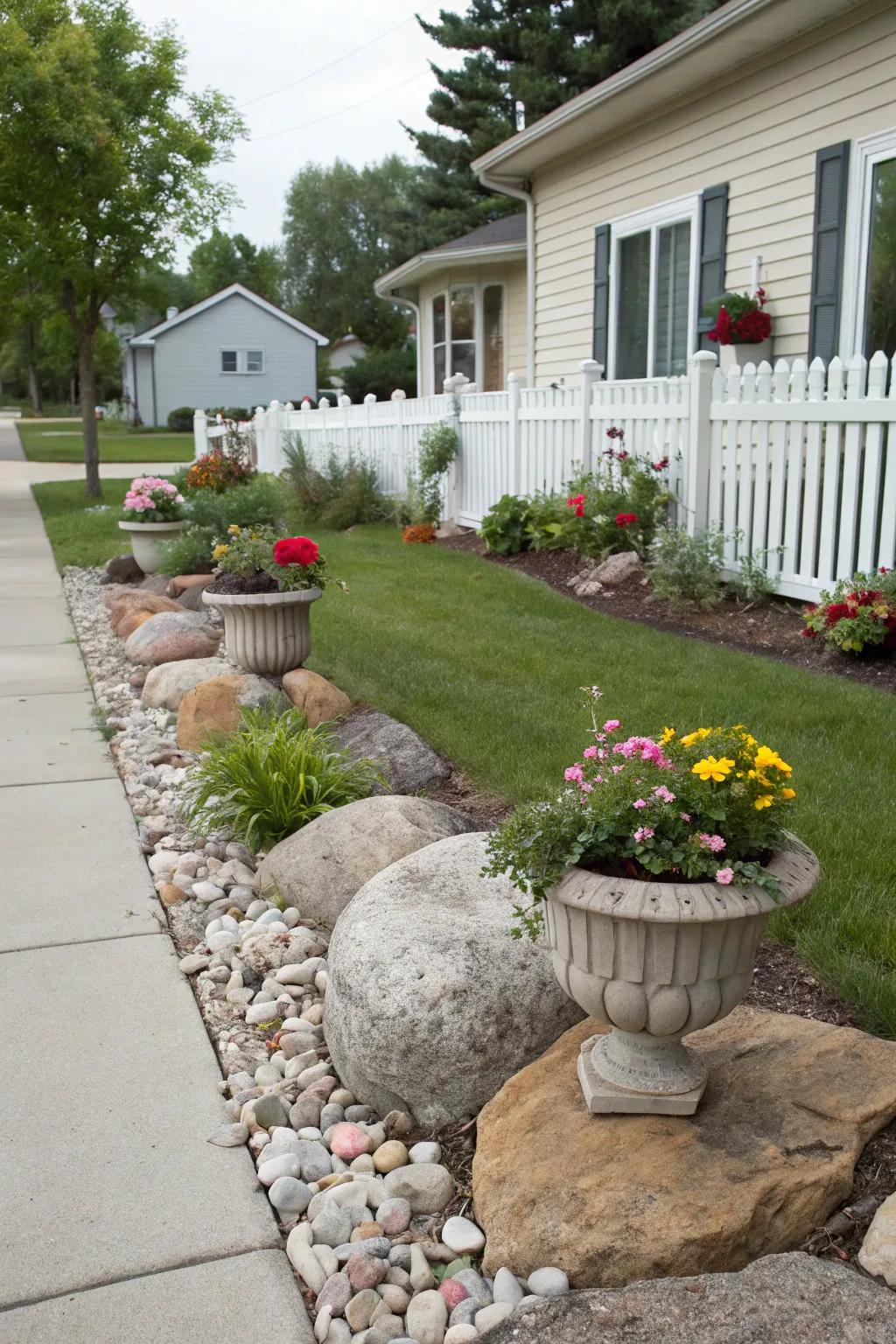 Accent features such as decorative rocks add visual interest to this Midwest front yard.