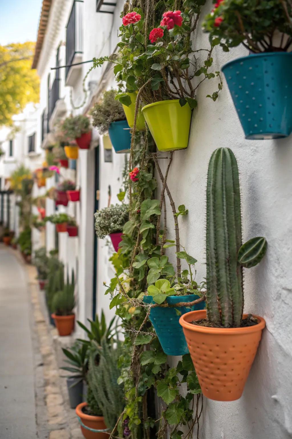 Cacti and climbing plants creating a vertical garden display.