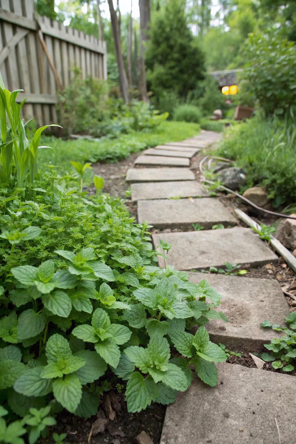 Mint used as aromatic ground cover along a garden path.