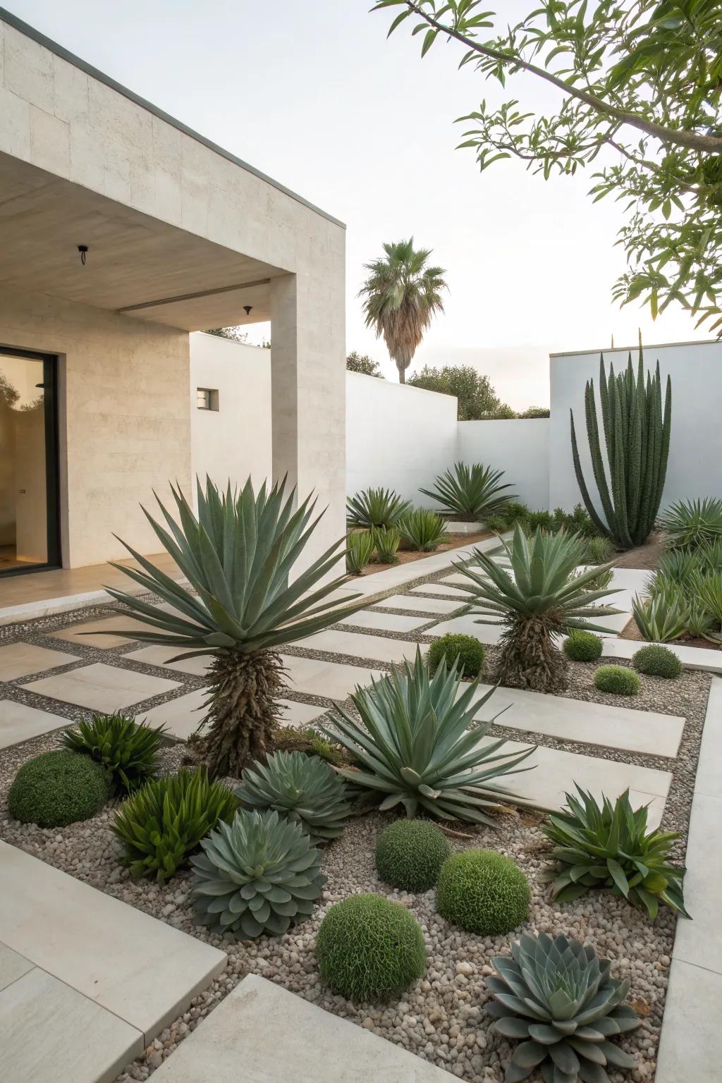 Sculptural agave highlights in a minimalist garden.