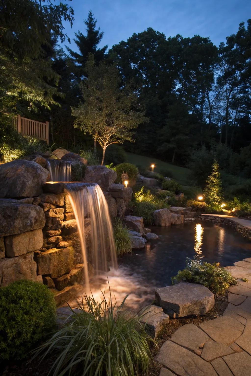 Lighting transforms your waterfall into a nighttime spectacle.