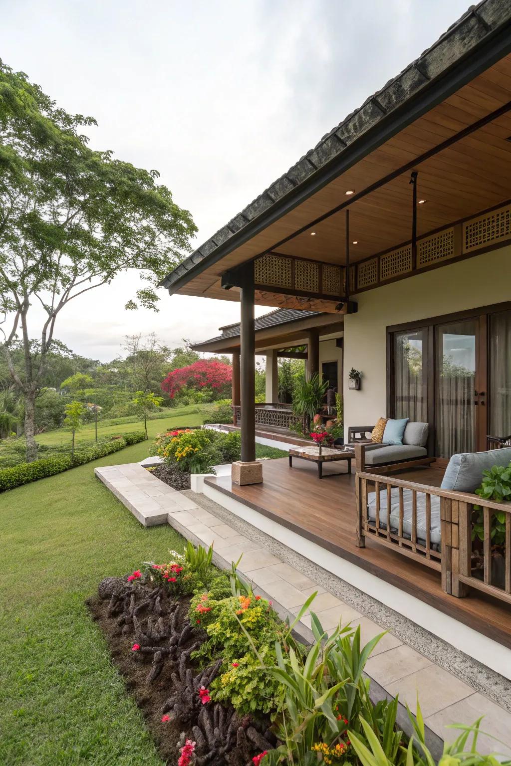 A veranda extends the living space of a bahay kubo, perfect for enjoying the outdoors.