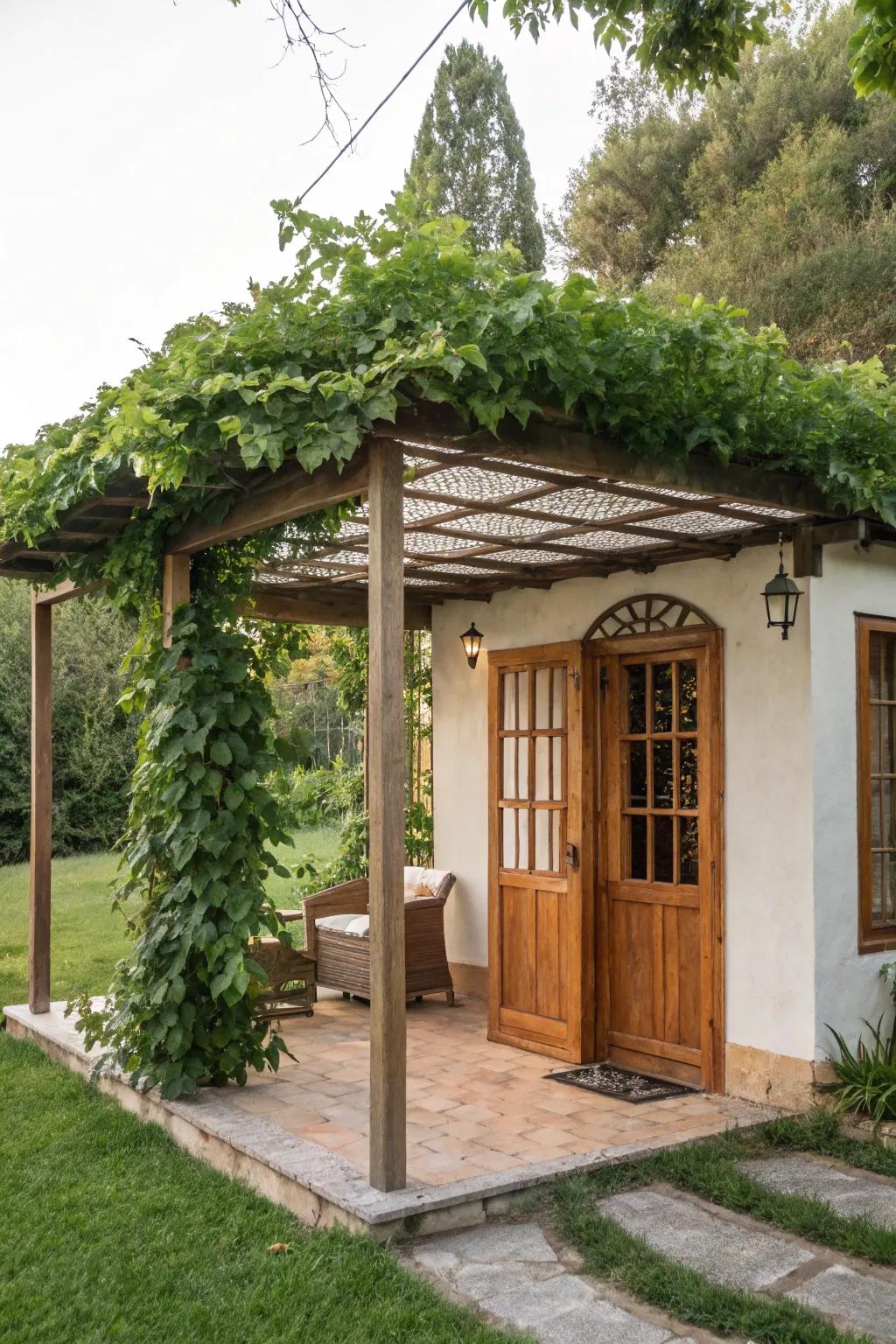 A cabana with a stylish pergola roof offering shade.