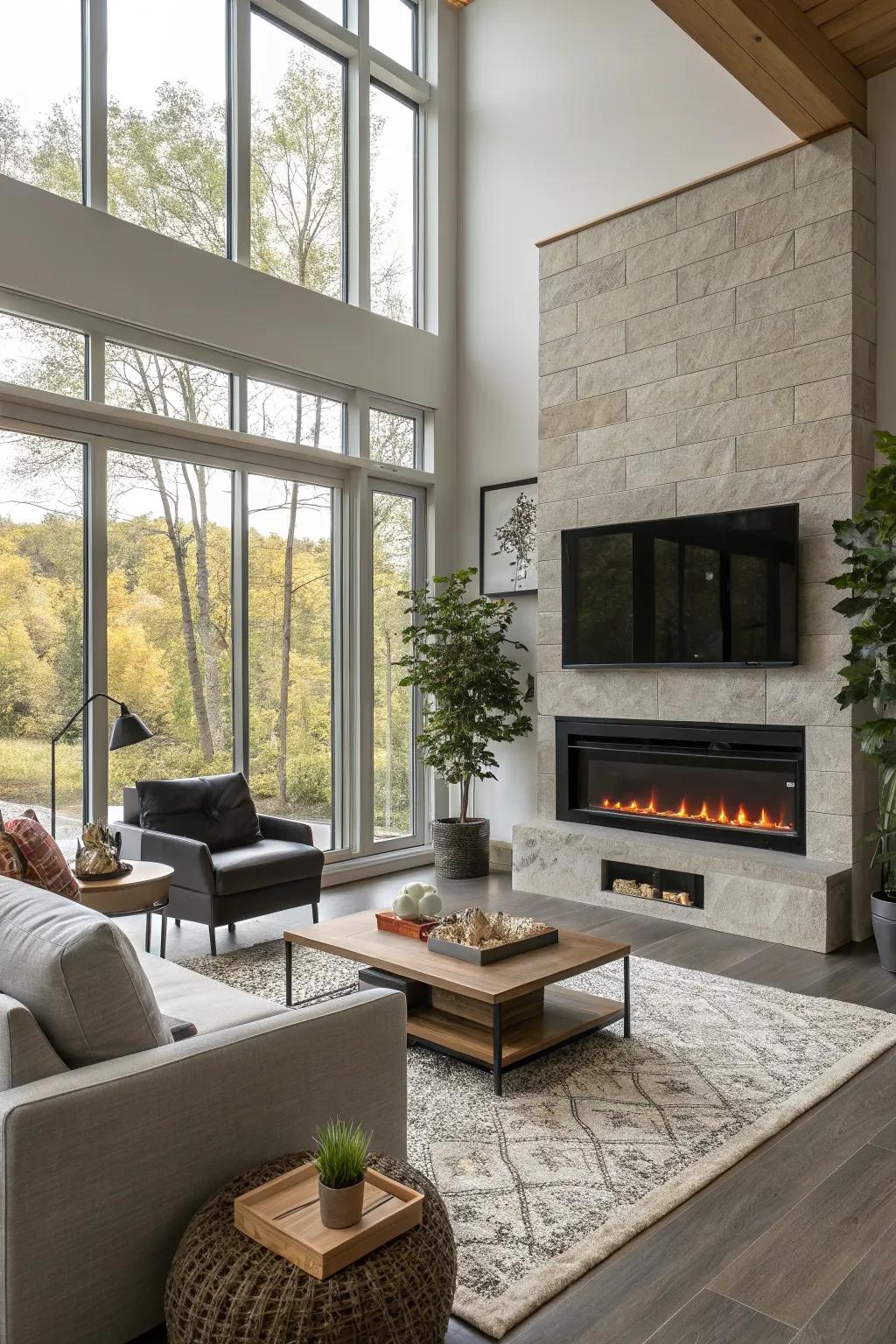 Eco-friendly electric fireplace in a contemporary living room.