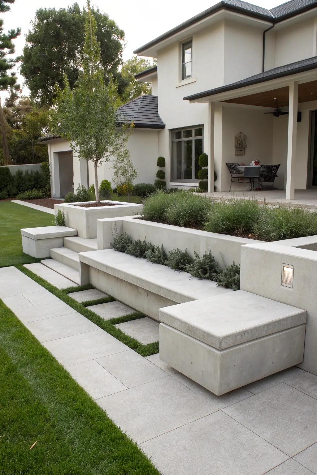 Concrete seating areas blend style with functionality.