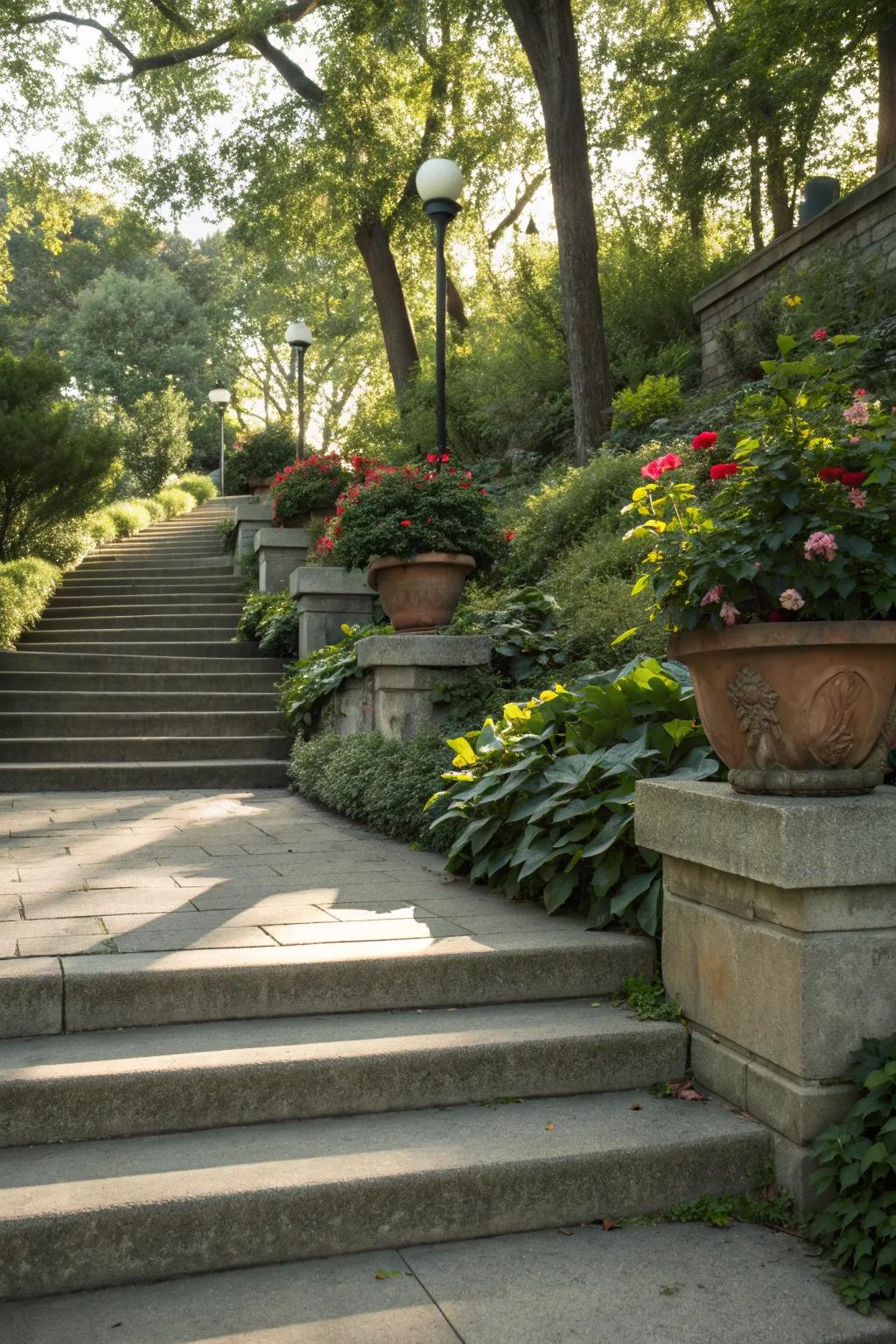 Concrete steps enhanced with planters and greenery.