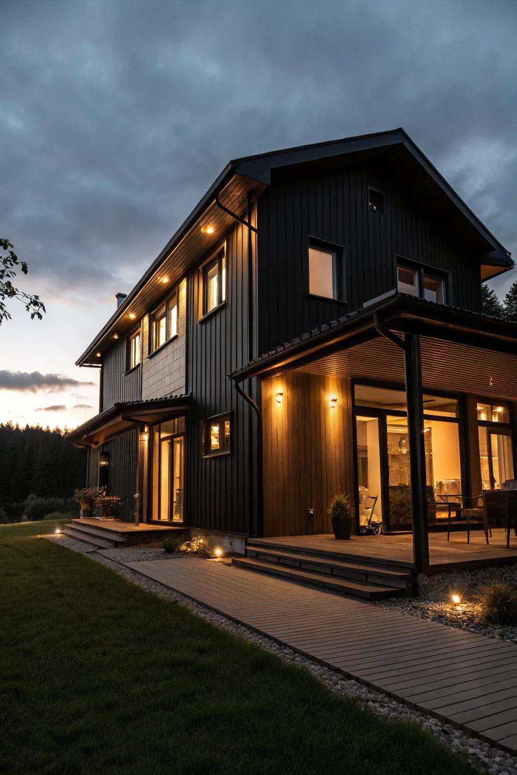 A dark home exterior illuminated by warm lights during twilight.