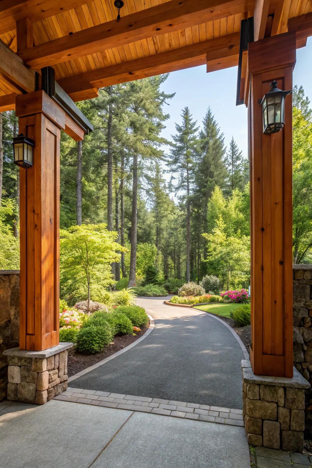 Wooden pillars create a warm, inviting entrance.