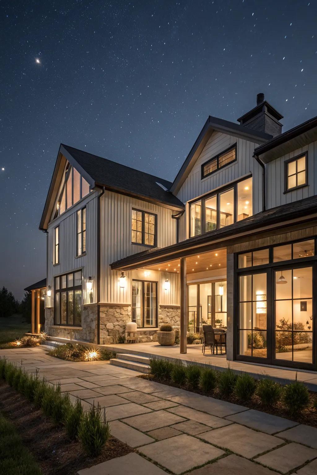 Layered lighting sources create depth and interest in this farmhouse setting.