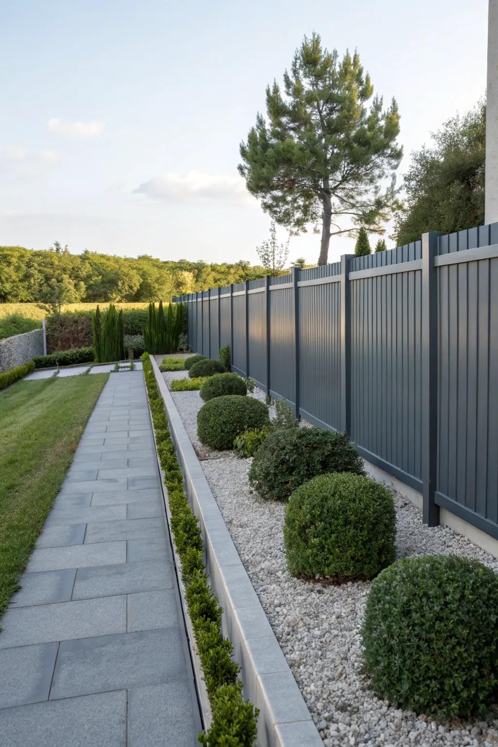 Steel gray fences bring a modern and minimalist touch to gardens.