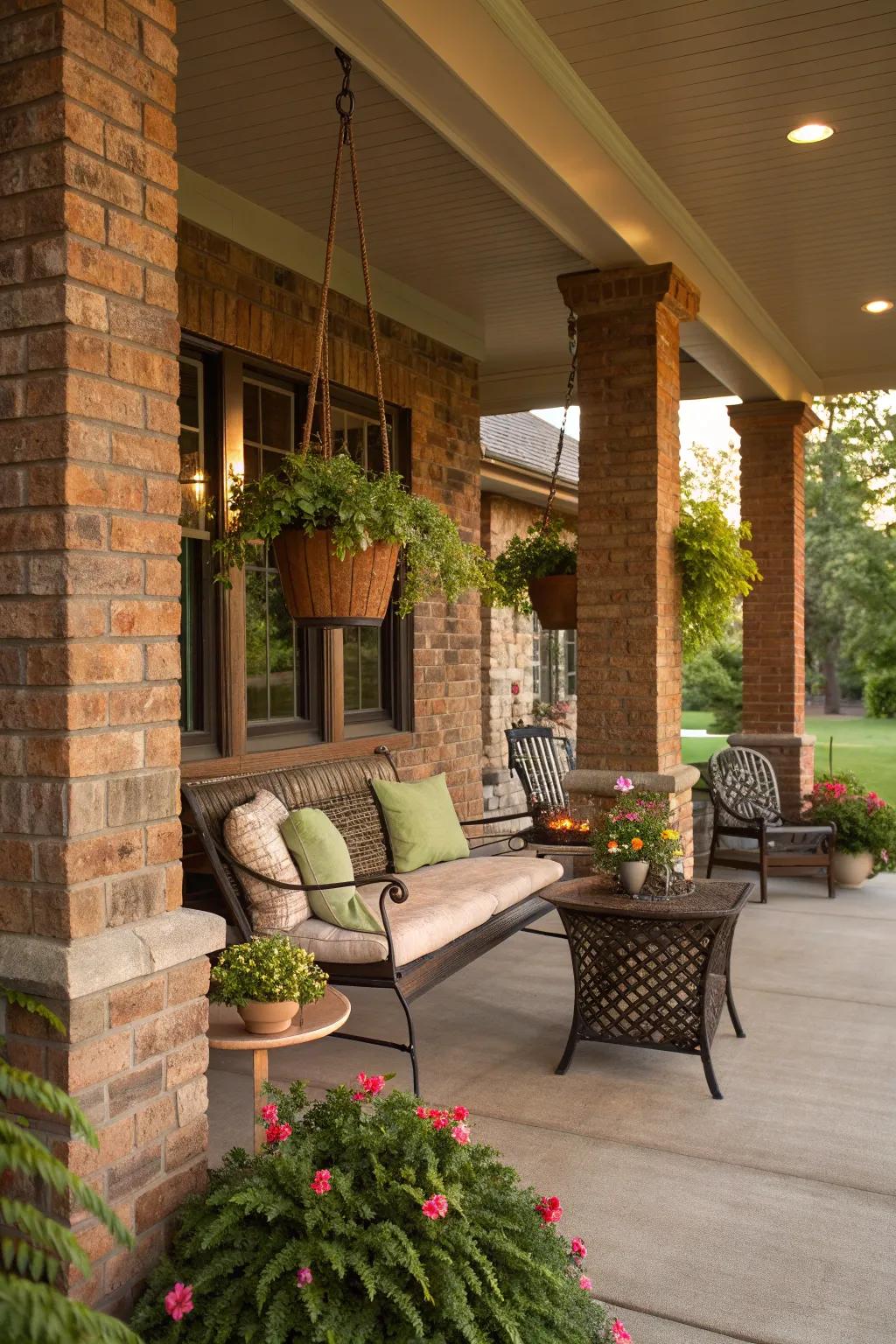 Brick columns add rustic charm to this inviting porch.