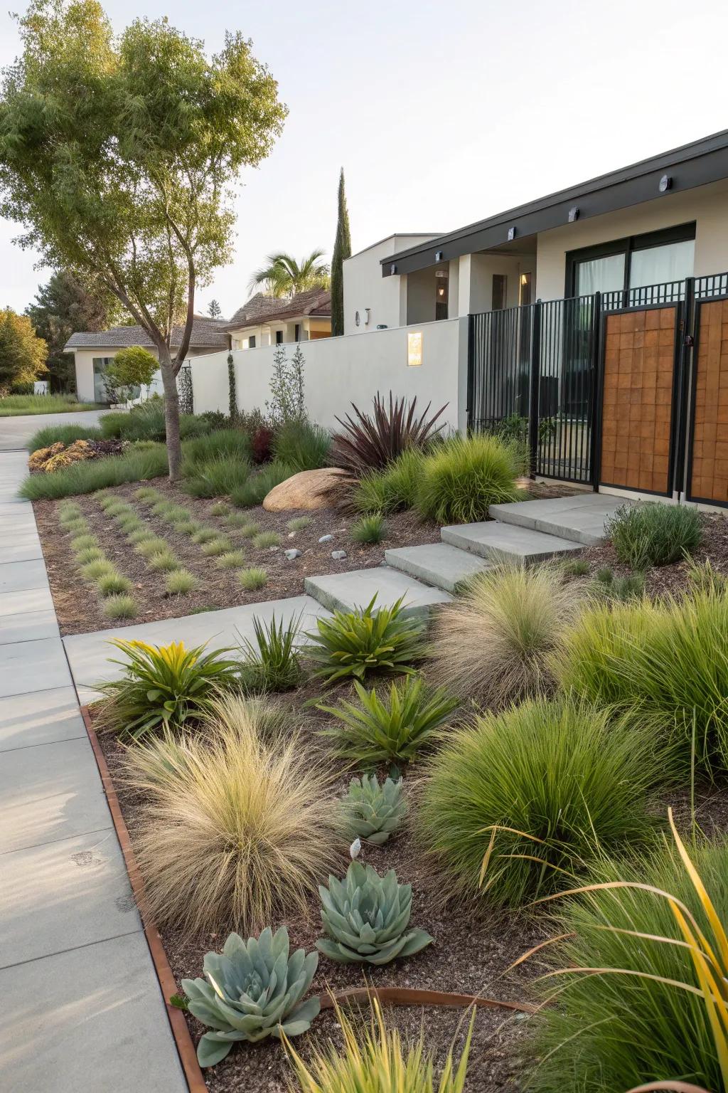 Strategic plant groupings enhance water efficiency and design cohesion.