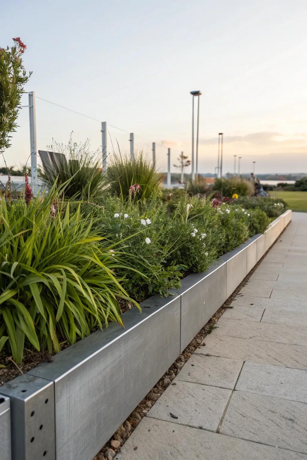 Metal edging provides a sleek, modern touch with industrial appeal.